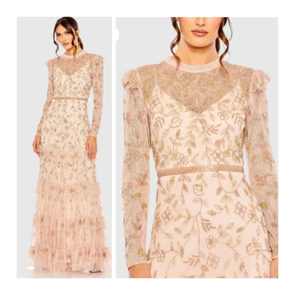 Mac Duggal Formal Dress 9237 Blush Pink Gold 20 Long Sleeve Beaded Gown Ruffle